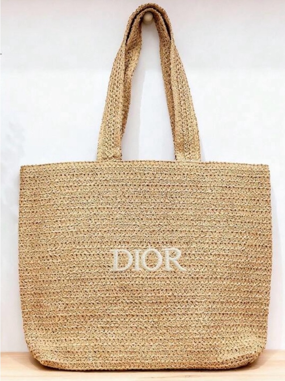 Dior Beige Raffia Tote with White Logo